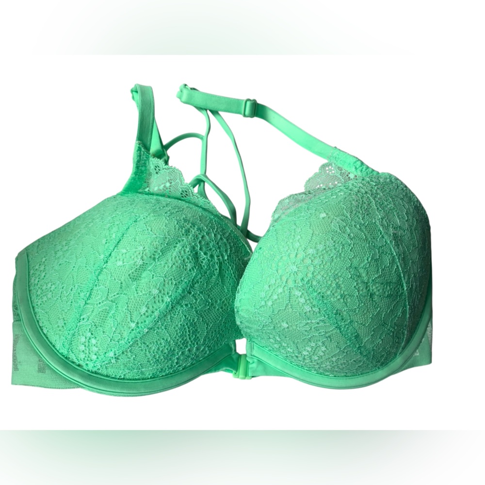 PINK Victoria's Secret Mint Lace Bra Front Clasp Padded Underwire Push-Up 32DD
